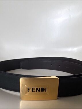 Fendi Black Leather Belt with Gold Fendi Plaque Buckle